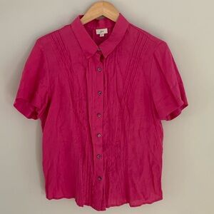 J. Jill 100% Linen Short Sleeve Pleated Button Up Shirt Pink Size Large